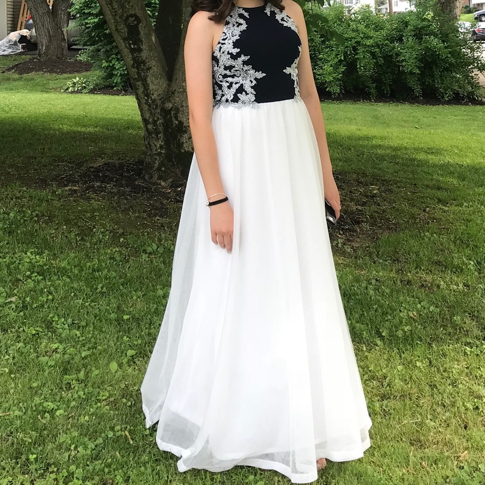 Macys Junior Girls Navy and White Prom Dress Size 3 Juniors EUC